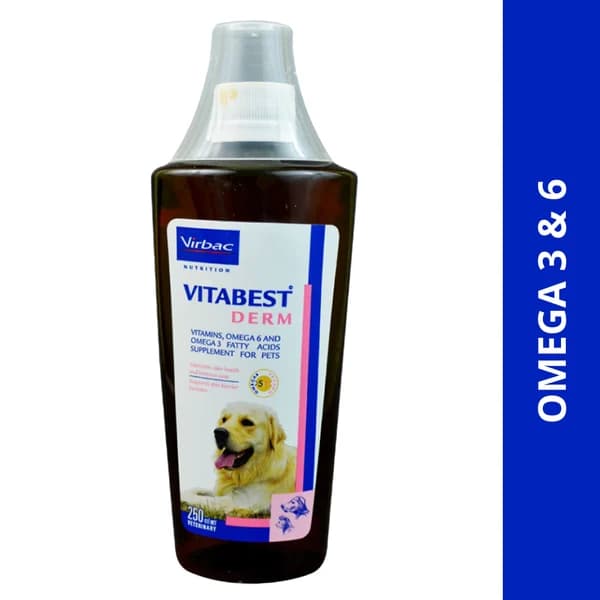 Virbac Vitabest Derm Omega 3 & 6 Skin & Coat Tonic with Zinc, Vitamin A & Vitamin E for Dogs & Cats (250ml Dispensing Bottle)