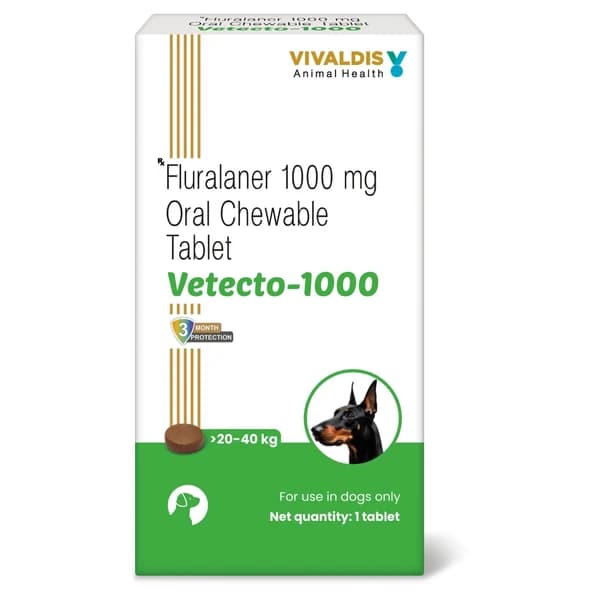 Vivaldis Vetecto 1000 (Fluralaner 1000mg) 3-Month Long-Acting Chewable Tick & Flea Tablet for Large Dogs (20 to 40 kg)
