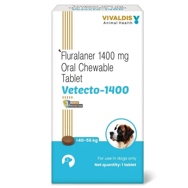 Vivaldis Vetecto 1400 (Fluralaner 1400mg) 3-Month Long-Acting Chewable Tick & Flea Tablet for Giant & Extra-Large Dogs (40 to 56 kg)