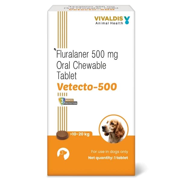 Vivaldis Vetecto 500 (Fluralaner 500mg) 3-Month Chewable Tick & Flea Tablet for Dogs (10 kg to 20 kg)