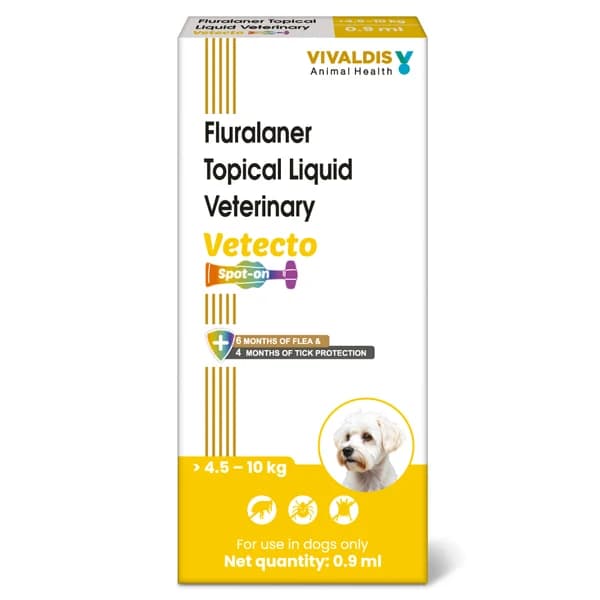 Vivaldis Vetecto Spot-On (Fluralaner 28% w/v) Long-Lasting Tick & Flea Treatment for Small Dogs (4.5 to 10 kg, 0.9ml Pipette)