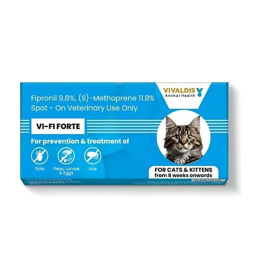 Vivaldis Vi-fi Forte Spot-On (Fipronil 9.8% + (S)-Methoprene 8.8%) Monthly Flea & Tick Treatment for Cats & Kittens (0.5ml Pipette)