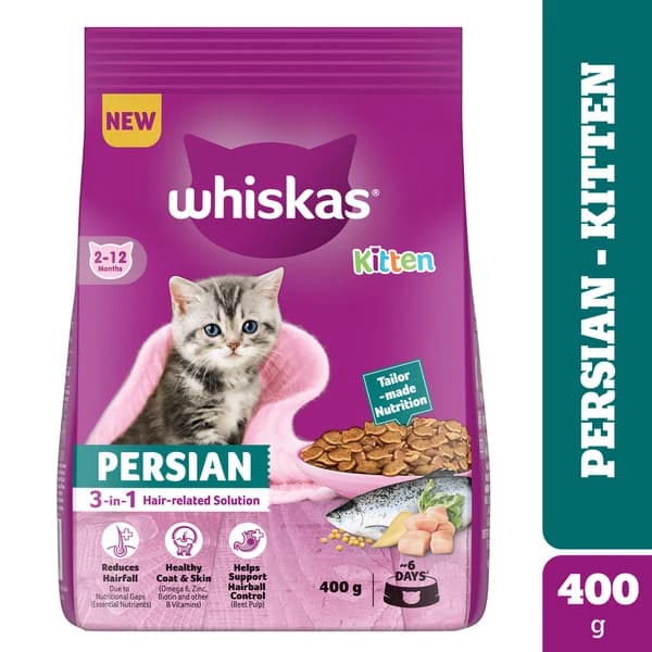 Whiskas Persian Kitten (2 to 12 Months) Dry Cat Food — 3-in-1 Hair & Coat Care Formula