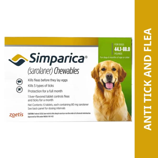 Zoetis Simparica (Sarolaner) Tick and Flea Control Chewable Tablet for Dogs – 1 Tablet